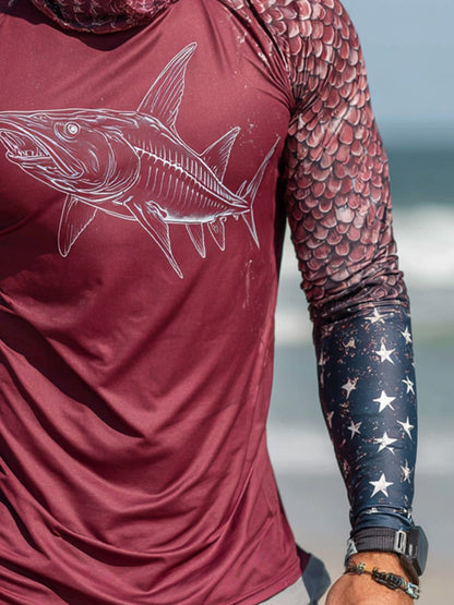 Men's Outdoor Sun Protection Breathable Cool Face Mask Hooded Printed Long-Sleeved Top