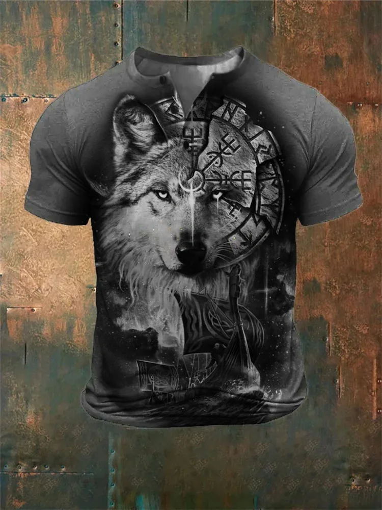 Men's Viking Wolf Vegvisir Art Henley
