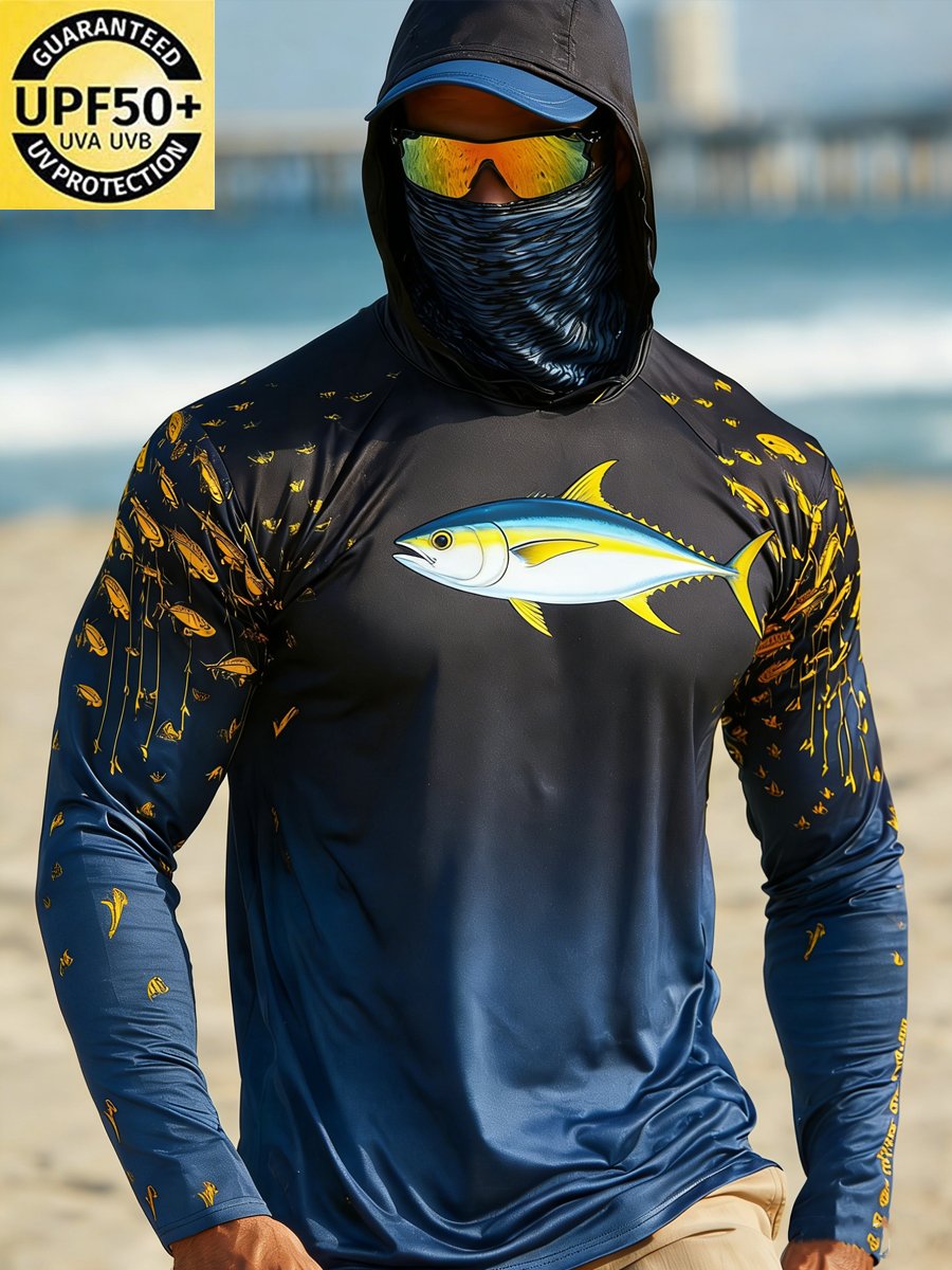 Men's Outdoor Sun Protection Breathable Cool Face Mask Hooded Printed Long-Sleeved Top