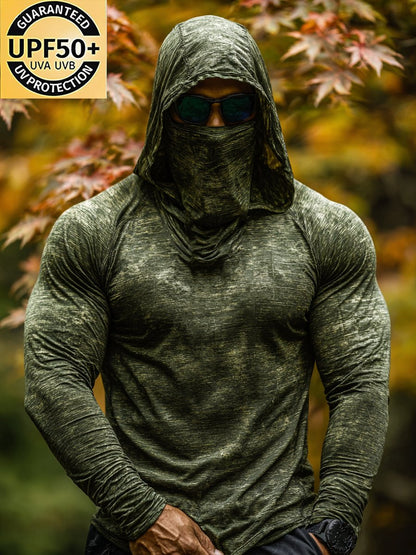 Men's Retro Army Green Outdoor Sun Protection Breathable Cooling Mask Hooded Sun Protection Long Sleeve Top