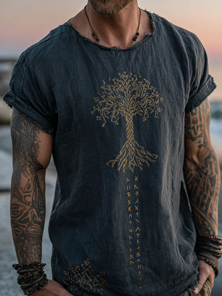Men's Viking Mythology Tree Of Life Retro Coastal T-Shirt