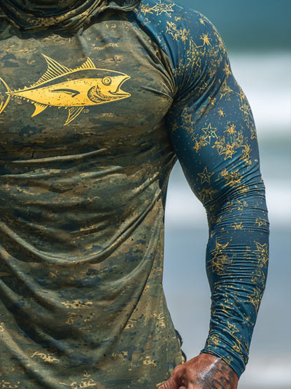Men's Outdoor Sun Protection Breathable Cool Face Mask Hooded Printed Long-Sleeved Top