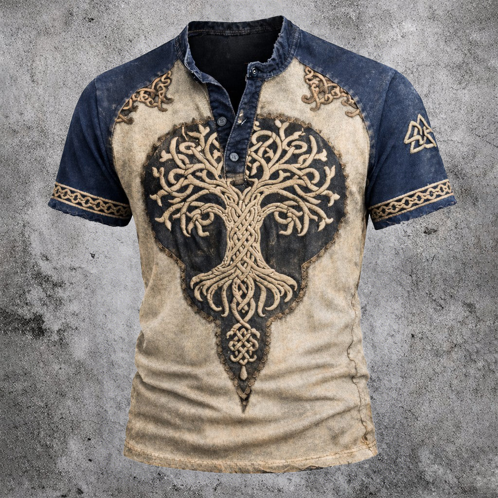 Men's Yggdrasil Henley Shirt - Celtic Distressed Two-Tone Short Sleeve Top