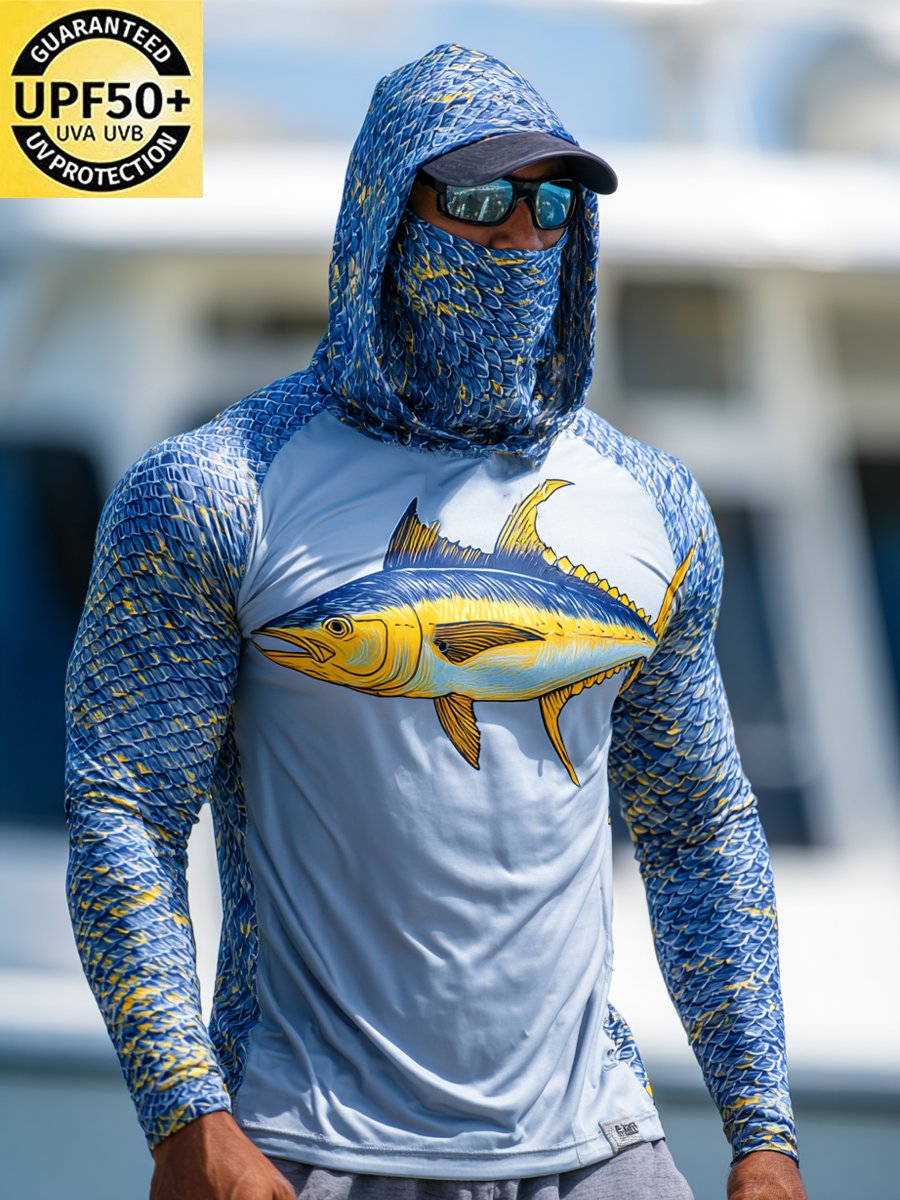 Men's Outdoor Sun Protection Breathable Cool Face Mask Hooded Printed Long-Sleeved Top