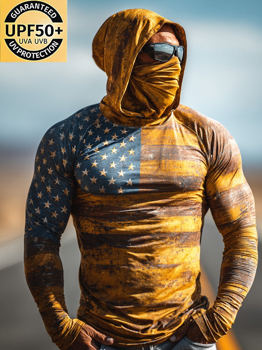 Men's Outdoor Sun-Protective Breathable and Cooling Long Sleeve Hoodie with Flag Print