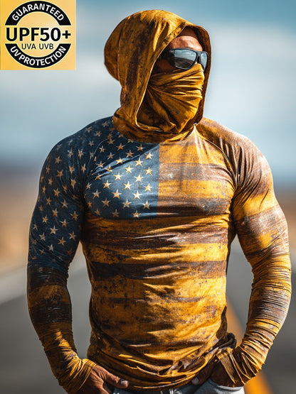 Men's Outdoor Sun-Protective Breathable and Cooling Long Sleeve Hoodie with Flag Print