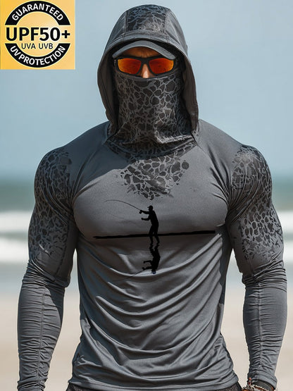 Men's Outdoor Sun Protection Breathable Cool Face Mask Hooded Printed Long-Sleeved Top