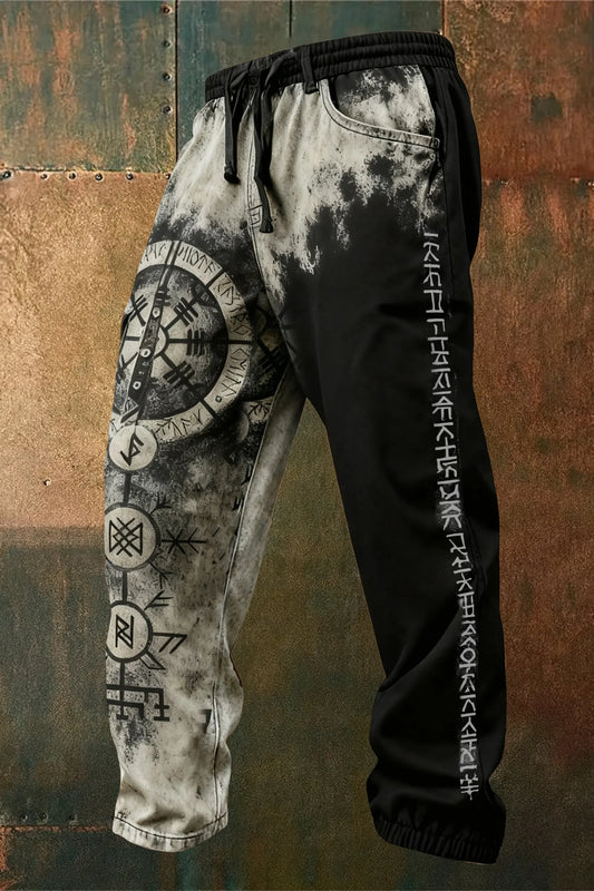 Viking Retro Rune Vintage Washed Printed Street Trousers