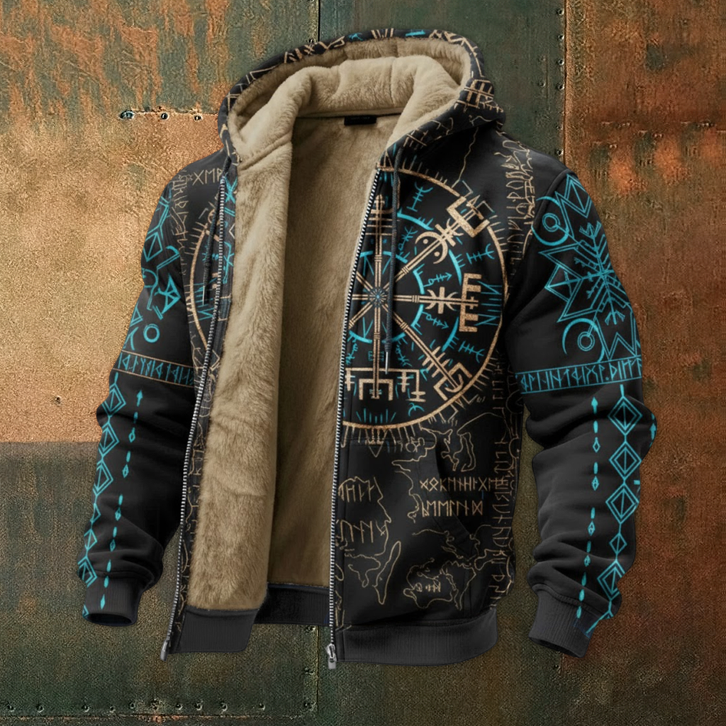 Nordic Viking Style Rune Casual Long-Sleeve Warm Fleece Hoodie