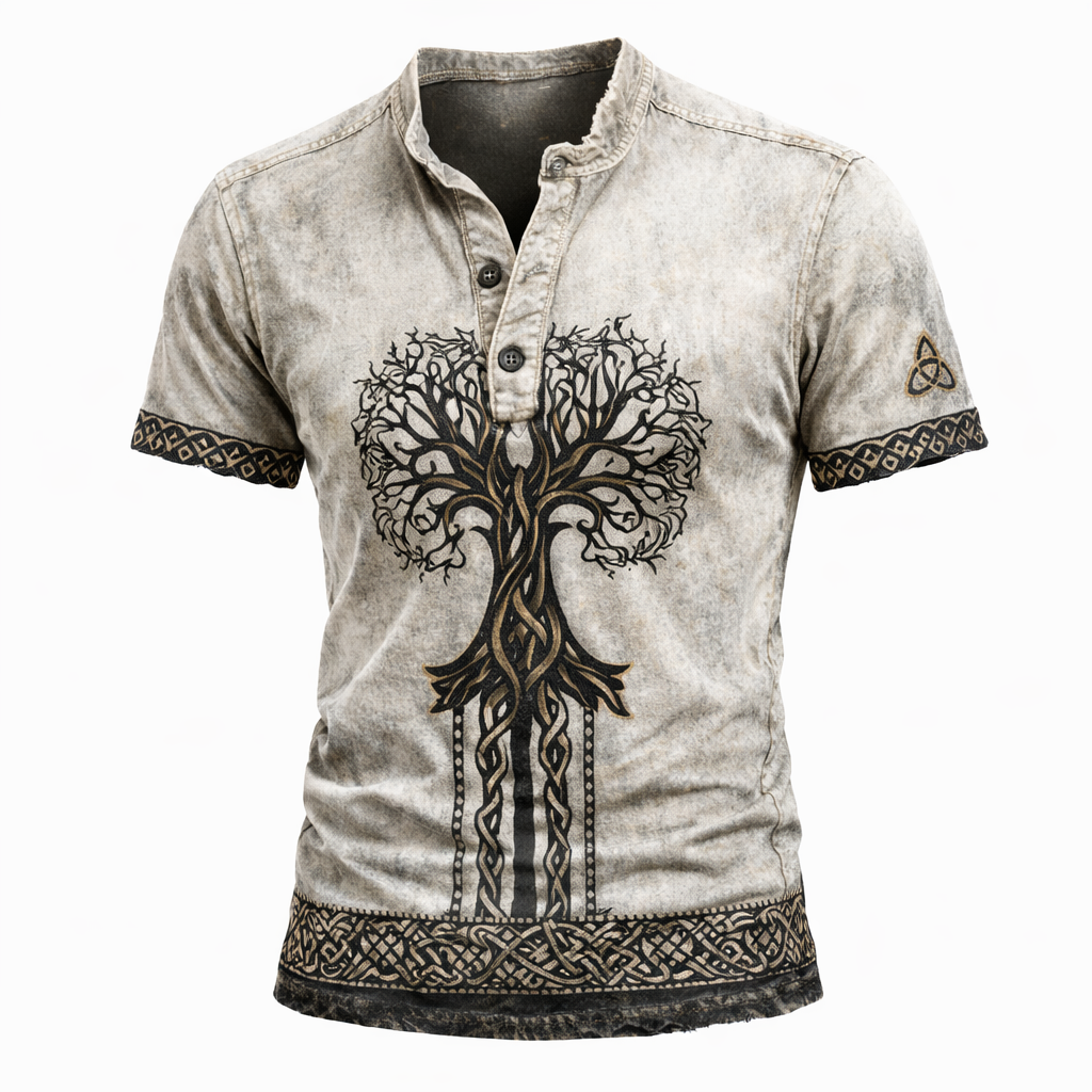Men's Short Sleeve Henley Shirt - Yggdrasil Celtic Graphic Vintage Casual Top