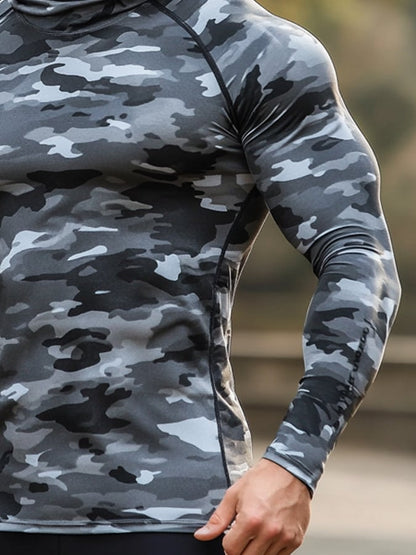 Men's Outdoor Sun Protection Breathable Cool Hunting Camouflage Mask Hooded Sun Protection Long-Sleeved Top