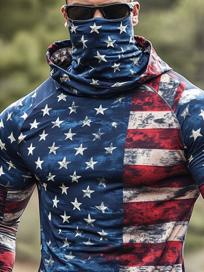 Men's Outdoor Sun Protection Breathable Cool Mask American Flag Print Hooded Sun Protection Long Sleeve Top