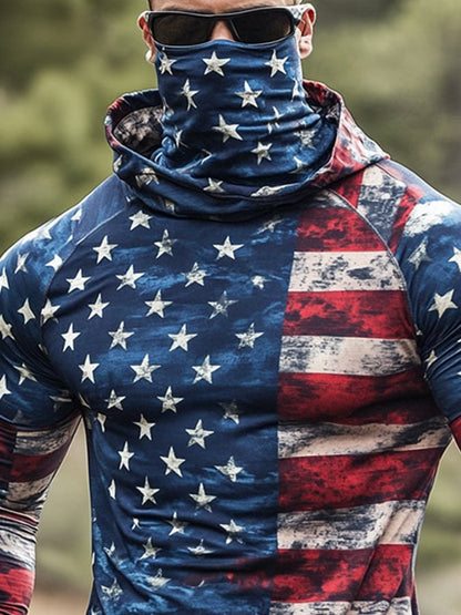 Men's Outdoor Sun Protection Breathable Cool Mask American Flag Print Hooded Sun Protection Long Sleeve Top