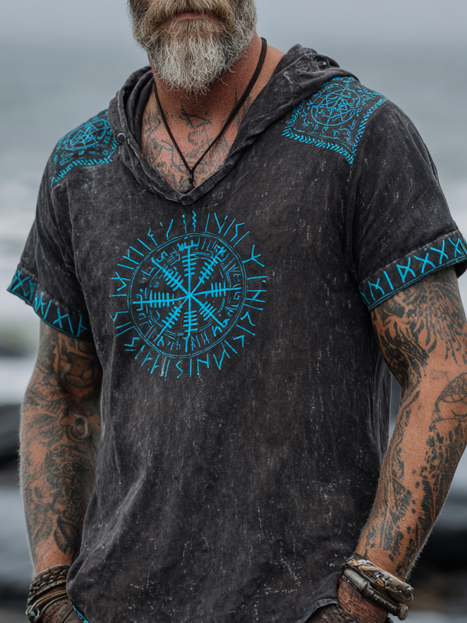 Men's Print Viking Inspired Rune Celtic Knot Pattern Short Sleeve Hoodie