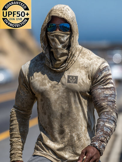 Men's Retro Khaki Logo Outdoor Sun Protection Breathable Cooling Mask Hooded Sun Protection Long Sleeve Top