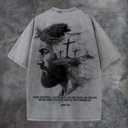 Jesus Answered I Am The Way And The Truth And The Life Printed Men's Washed Tee