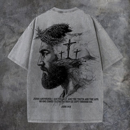 Jesus Answered I Am The Way And The Truth And The Life Printed Men's Washed Tee
