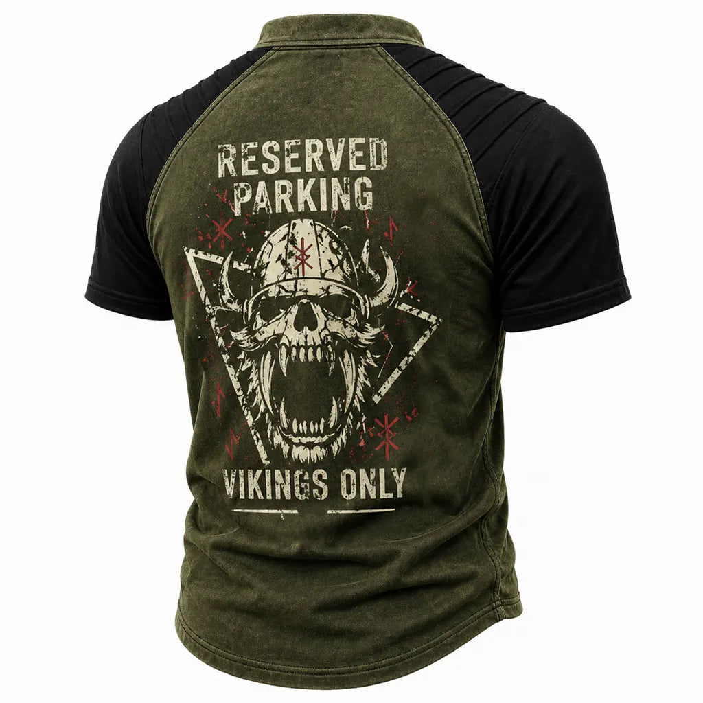 Men's Viking Skull Graphic Lace-Up Henley T-Shirt - Distressed Raglan Short Sleeve Tee