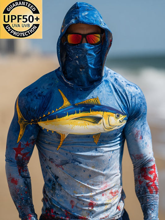 Men's Outdoor Sun Protection Breathable Cool Face Mask Hooded Printed Long-Sleeved Top