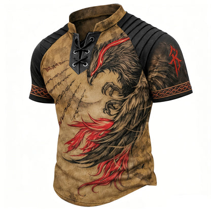 Men's Vintage Phoenix Graphic Lace-Up T-Shirt - Stand Collar Short Sleeve Top