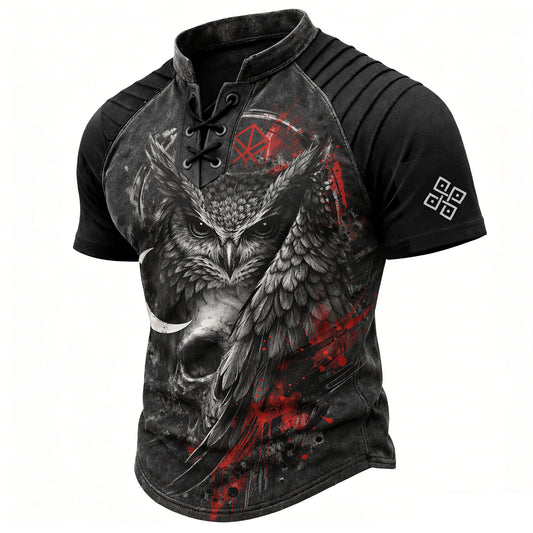 Men's Gothic Owl Skull Print Lace-Up Henley T-Shirt - Distressed Short Sleeve Top