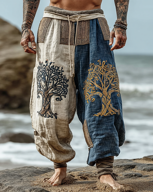 Men's Viking Retro Nordic Two-Tone Tree Of Life Totem Linen Pants