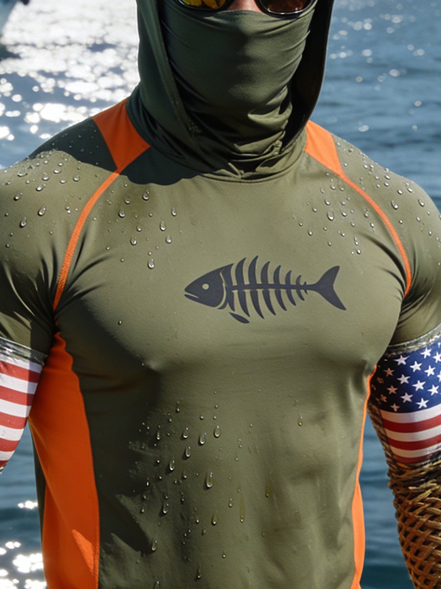 Men's Outdoor Sun Protection Breathable Cool Face Mask Hooded Printed Long-Sleeved Top