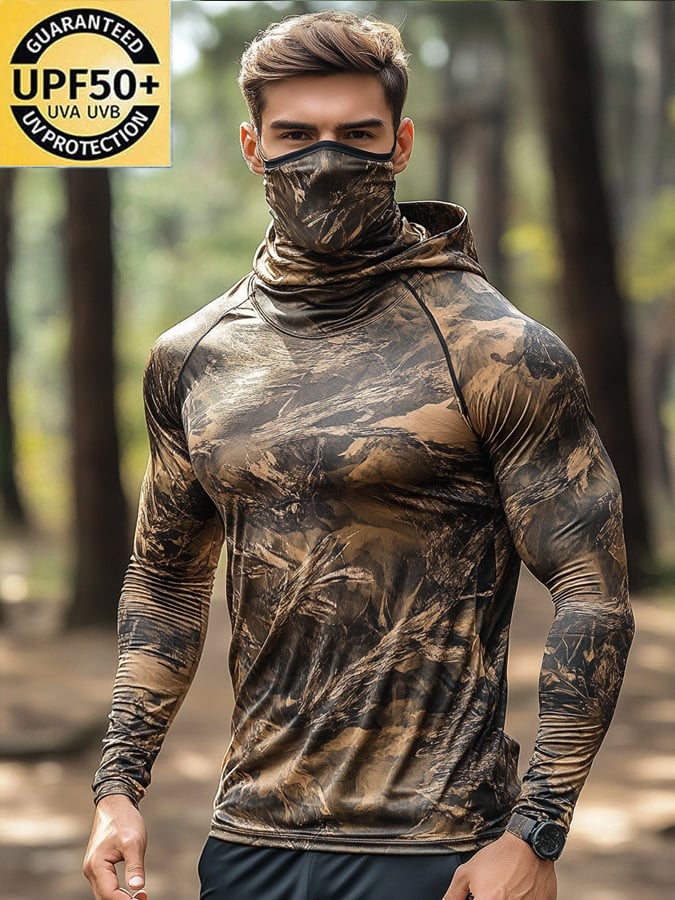 Men's Outdoor Sun Protection Breathable Cool Hunting Camouflage Mask Hooded Sun Protection Long-Sleeved Top