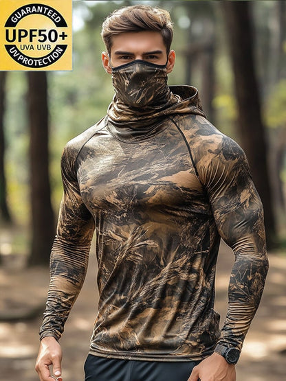 Men's Outdoor Sun Protection Breathable Cool Hunting Camouflage Mask Hooded Sun Protection Long-Sleeved Top