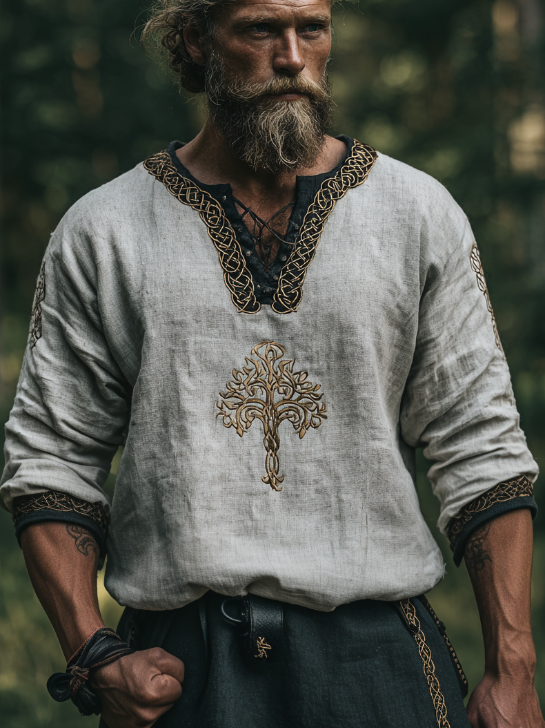 Men's Viking Occult Retro Tree Of Life Tribal Long-Sleeve Linen T-shirt