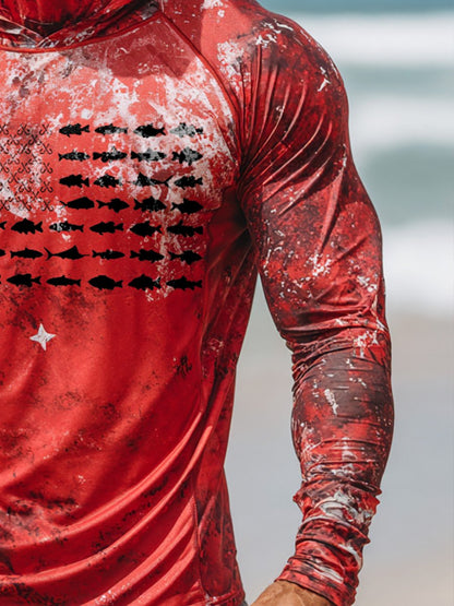Men's Outdoor Sun Protection Breathable Cool Face Mask Hooded Printed Long-Sleeved Top