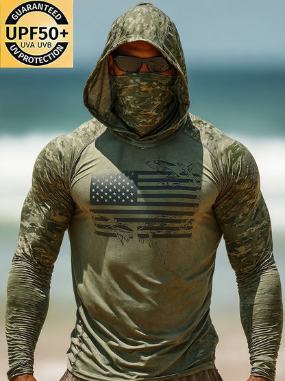 Men's Outdoor Sun Protection Breathable Cool Face Mask Hooded Printed Long-Sleeved Top