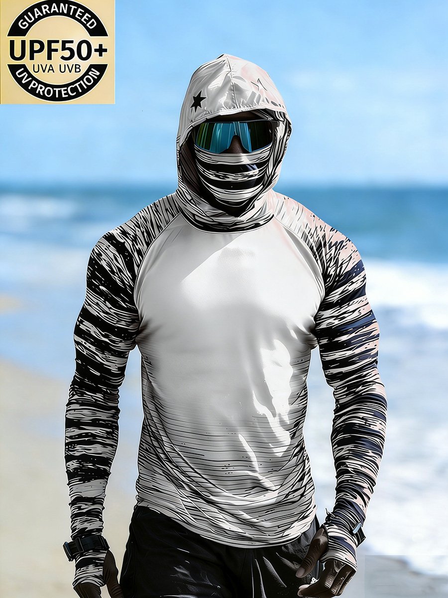 Men's Outdoor Sun Protection Breathable Cool Face Mask Hooded Printed Long-Sleeved Top