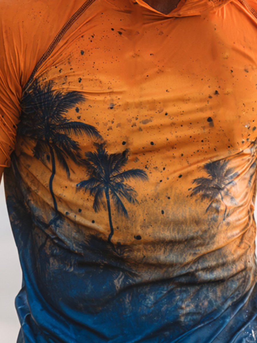 Men's Outdoor Sunscreen Breathable Cool Hooded Printed Surf Long-Sleeve Top