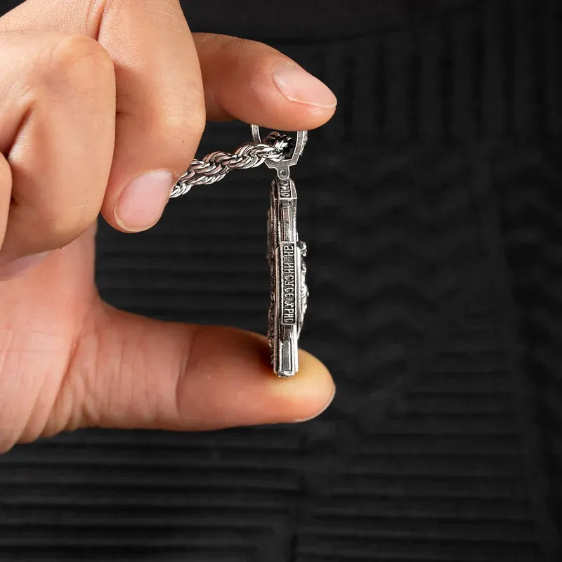 Michael Archangel and Crucifixion Front and Back Engraved 925K Sterling Silver Pendant Necklace
