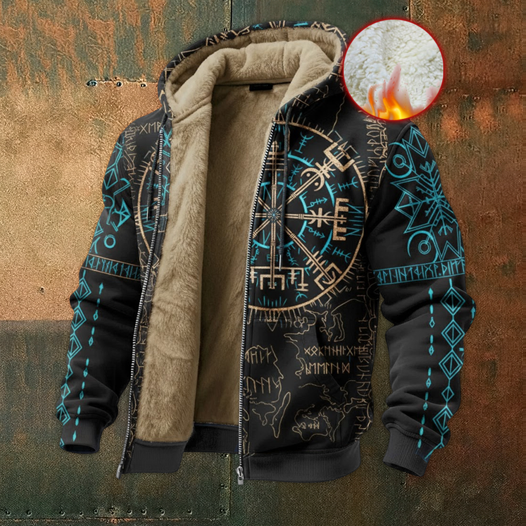 Nordic Viking Style Rune Casual Long-Sleeve Warm Fleece Hoodie