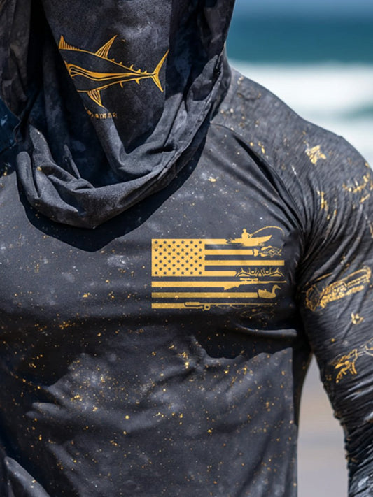Men's Outdoor Sun Protection Breathable Cool Face Mask Hooded Printed Long-Sleeved Top