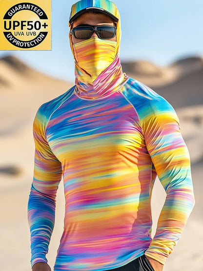 Men's Outdoor Sun Protection Breathable Cool Colorful Mask Hooded Sun Protection Long-Sleeved Top
