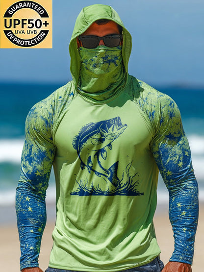 Men's Outdoor Sun Protection Breathable Cool Face Mask Hooded Printed Long-Sleeved Top