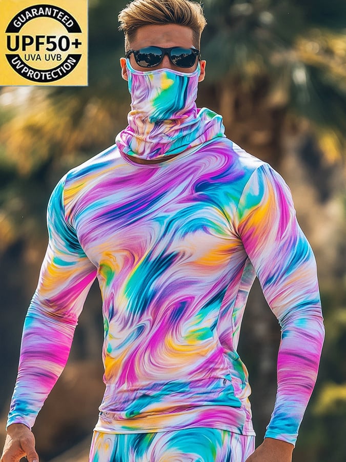 Men's Outdoor Sun Protection Breathable Cool Colorful Mask Hooded Sun Protection Long-Sleeved Top