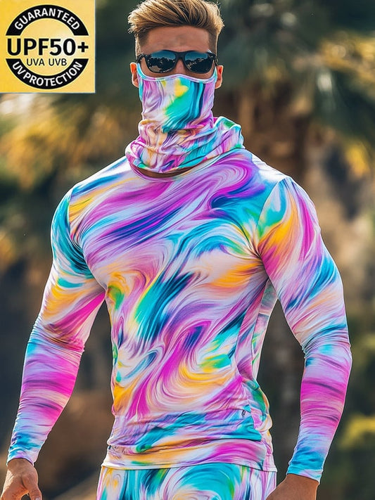 Men's Outdoor Sun Protection Breathable Cool Colorful Mask Hooded Sun Protection Long-Sleeved Top