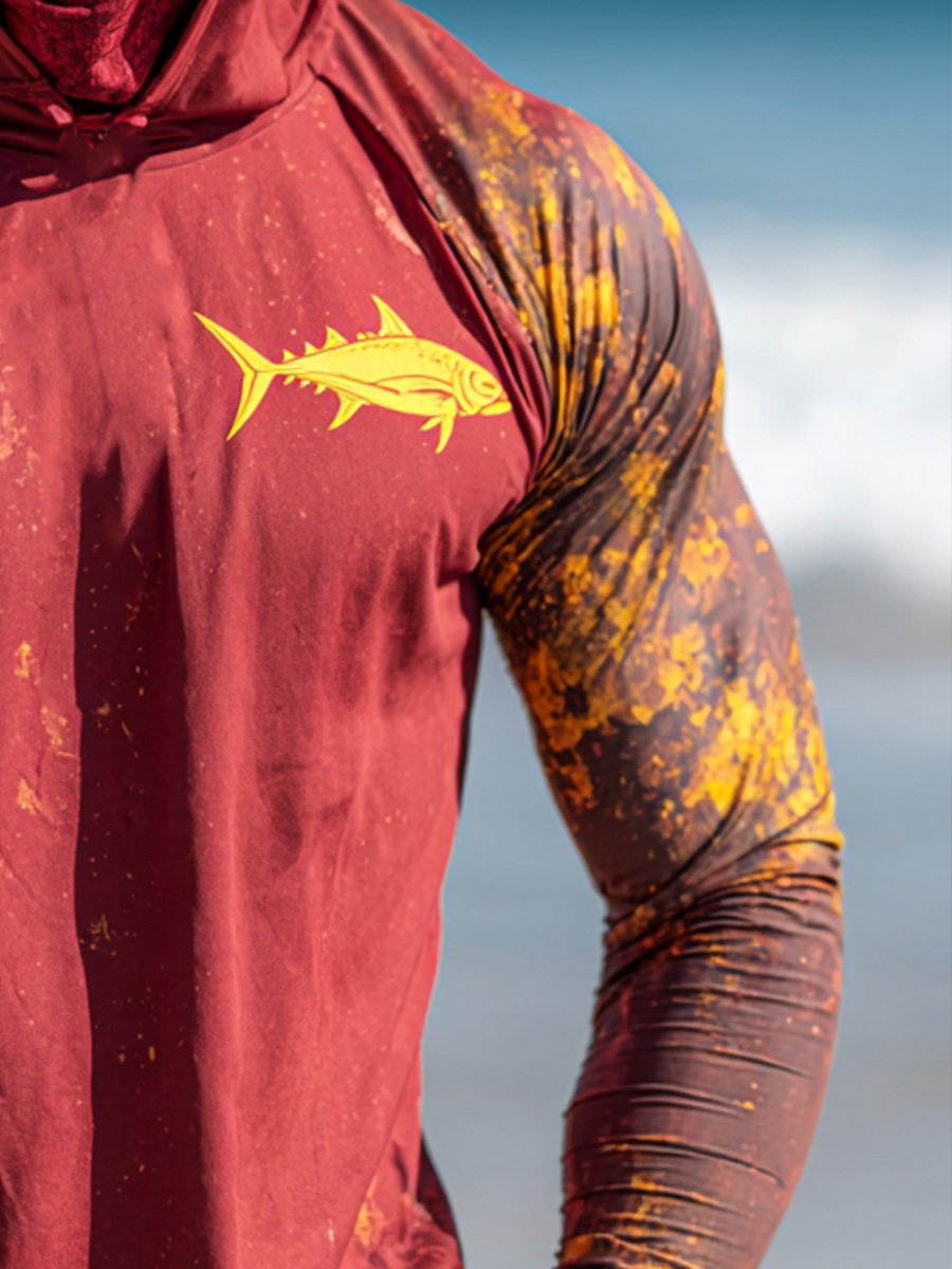 Men's Outdoor Sun Protection Breathable Cool Face Mask Hooded Printed Long-Sleeved Top