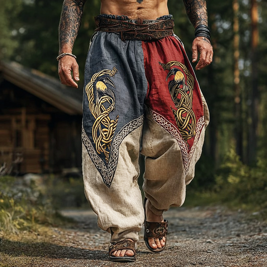 Men's Vintage Harem Pants - Two-Tone Celtic Raven Print Loose Fit Drawstring