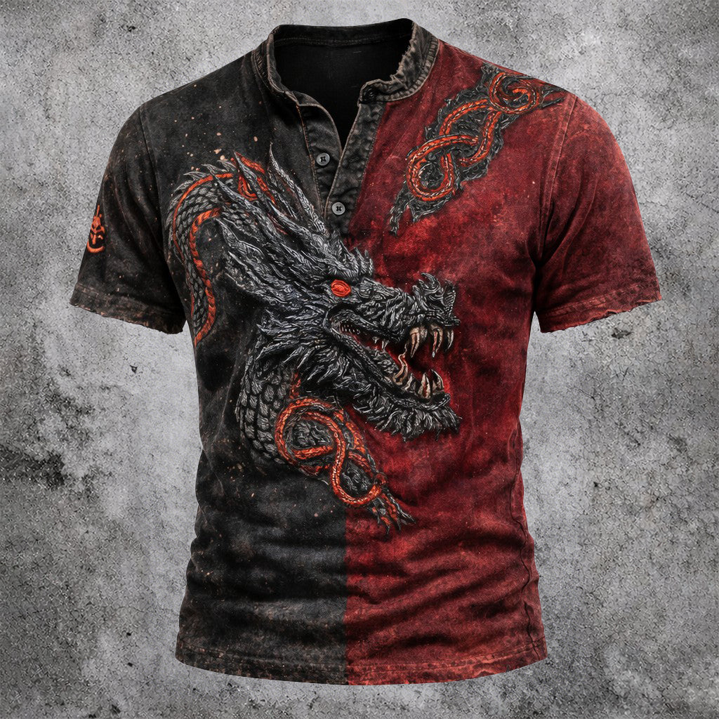Men's 3D Dragon Graphic Henley T-Shirt - Two-Tone Black Red Distressed Short Sleeve