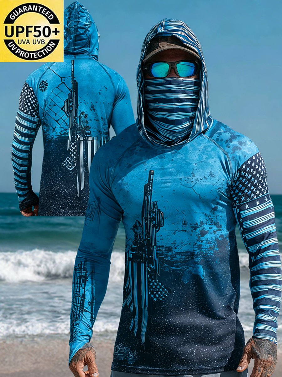 Men's Outdoor Sun Protection Breathable Cool Face Mask Hooded Printed Long-Sleeved Top