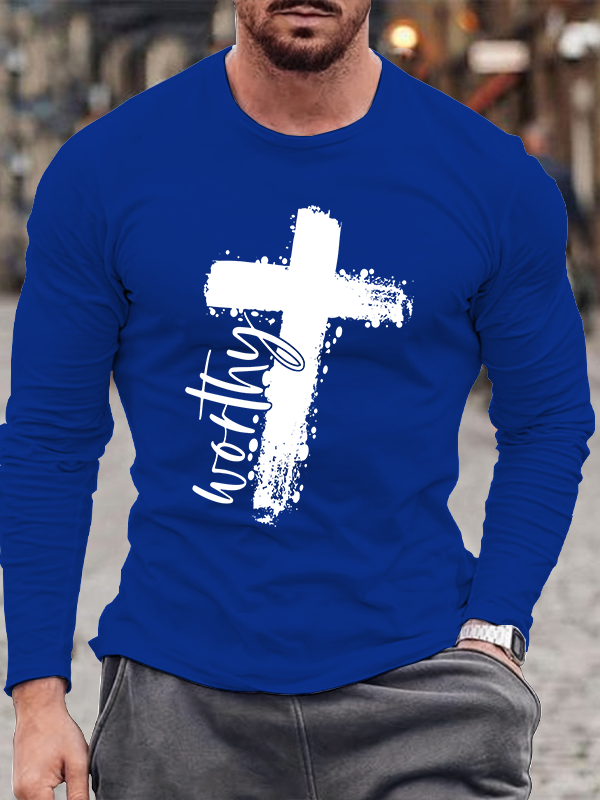 Worthy Cross Print Cotton Long Sleeve T-Shirt