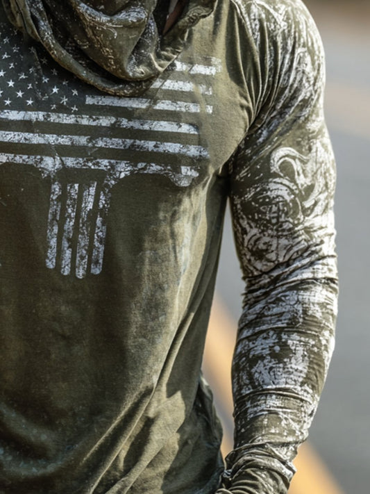 Men's Retro Flag Outdoor Sun Protection Breathable Cooling Mask Hooded Sun Protection Long Sleeve Top