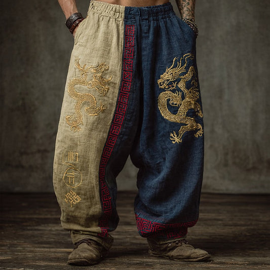 Men's Viking Dragon Print Vintage Linen-Cotton Pants
