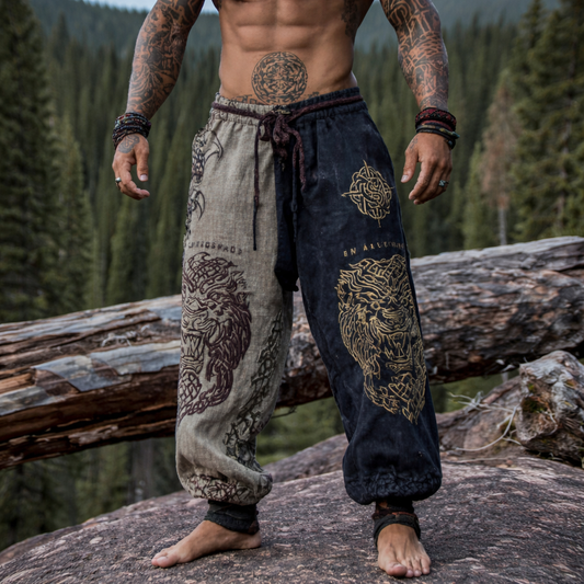 Men's Two-Tone Harem linen Pants - Mythical Beast Print Split Leg Tribal Trousers
