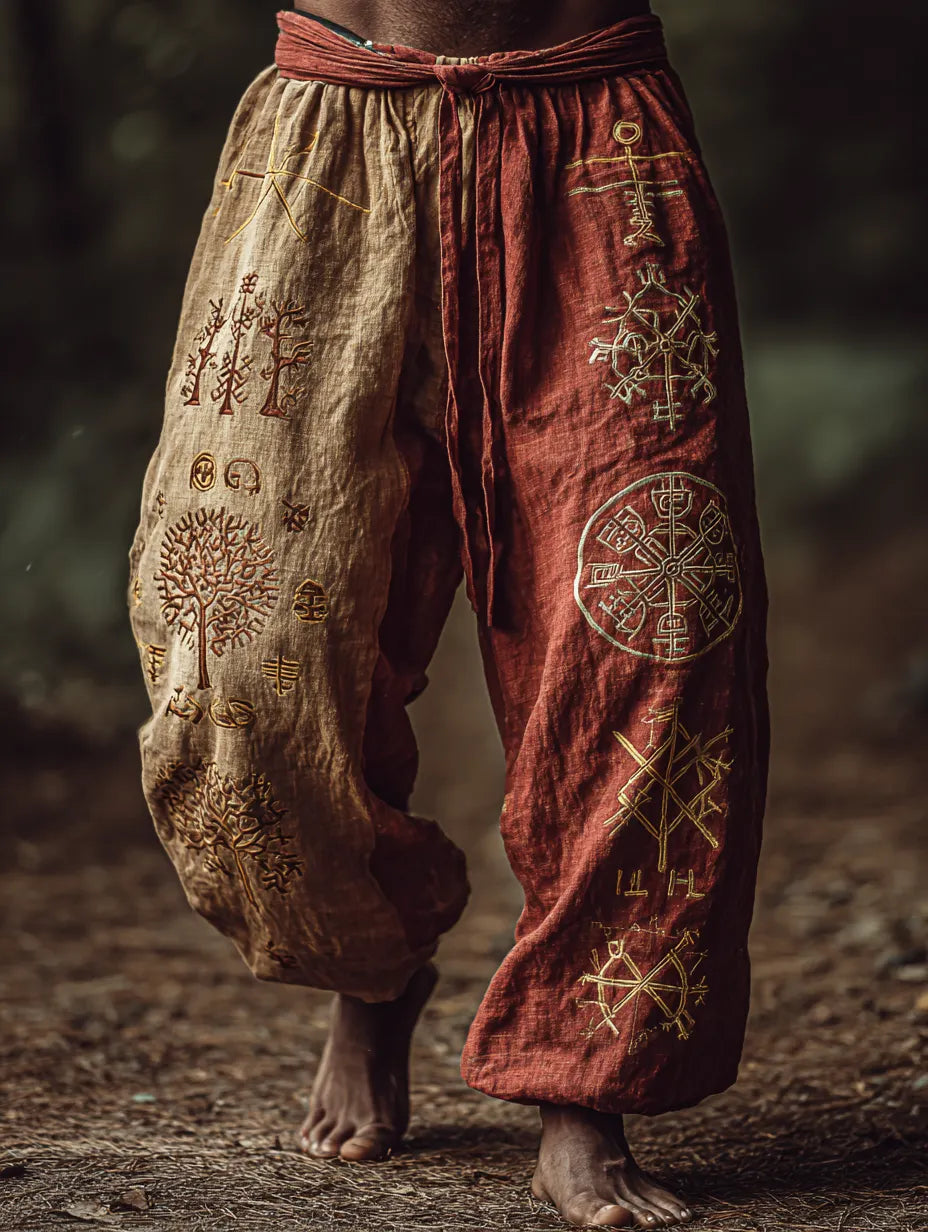Men's Viking Retro Nordic Tree Of Life Two-Tone Rune Linen Pants